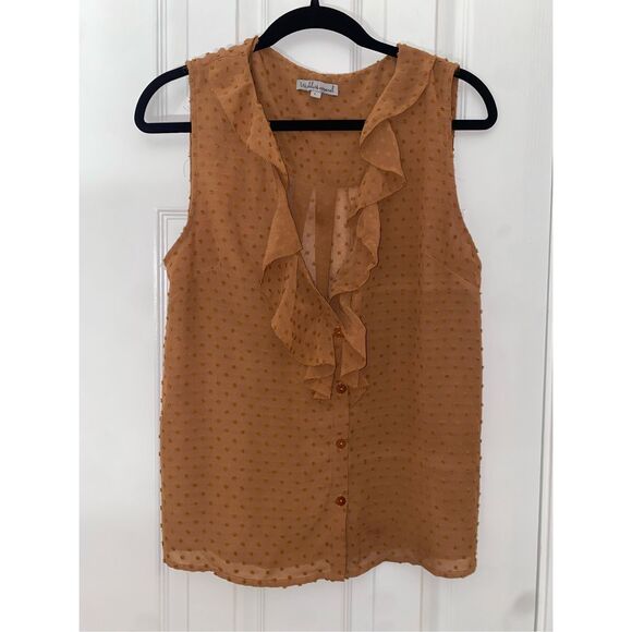 Wishlist Apparel Ruffle Burnt Orange Dot Button Sleeveless Blouse, Size Large - Picture 14 of 15